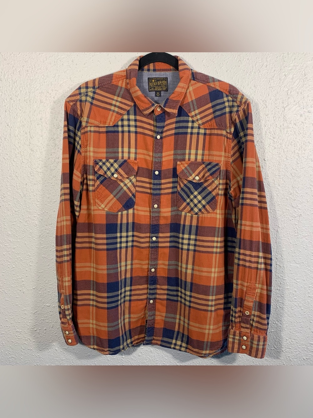 Lucky Brand Vintage Pearl Snap Plaid  L/S Flannel Chambray lined Shirt XL
